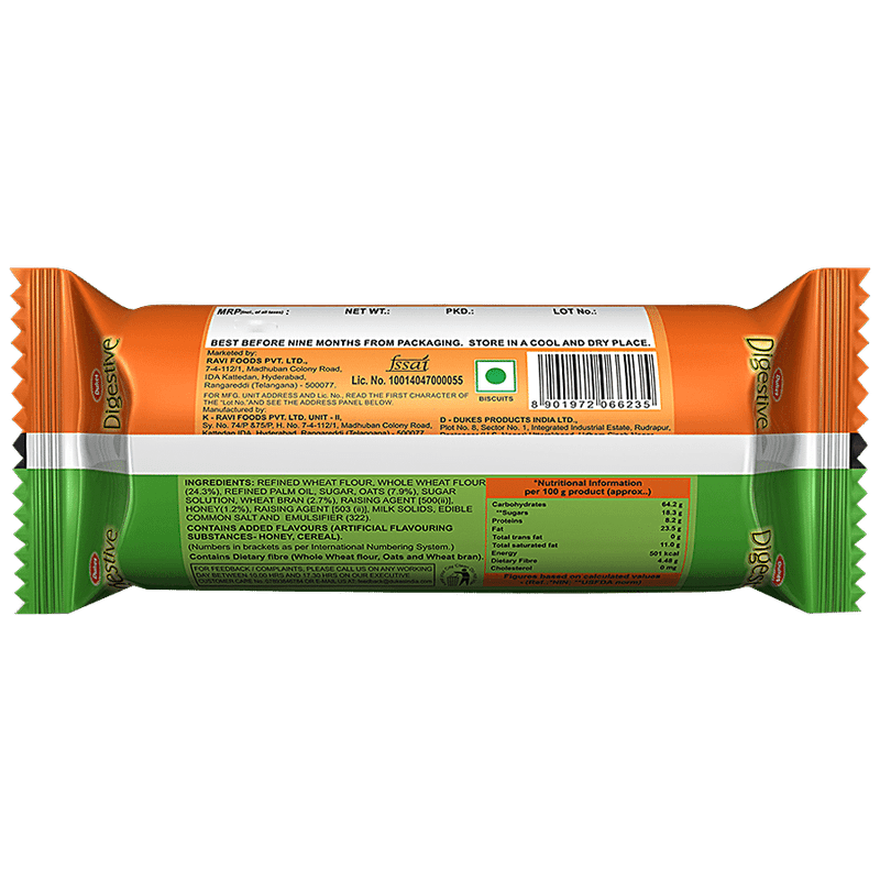 Dukes Digestive Biscuit With Oats, Wheat & Honey - Rich In Fibre, Zero Cholesterol, 100 g (Pack of 10) view 2