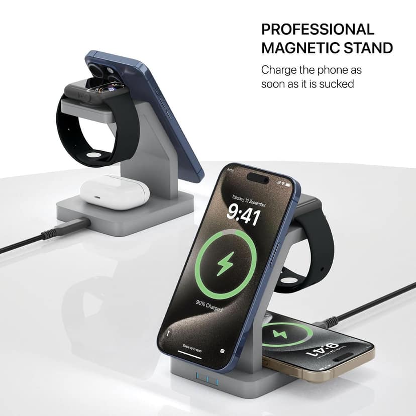 eller santé 23W Magnetic MagSafe Charger, 3-in-1 Wireless Charger for iPhone 17, 17 Air, 17 Pro, 17 Pro Max, iPhone 16, 16 Plus, 16 Pro, 16 Pro Max, 15, 14, 13, 12 Series, Fast Charging Adapter - Grey view 2
