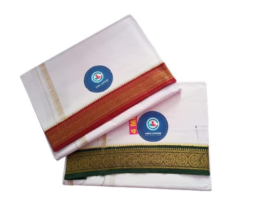 Jinka Lakshmi Collections 100% Handloom White Cotton Dhoti With Big Borders 4 Meters Unstitched Pack of 2 (Multicolor-2) view 2