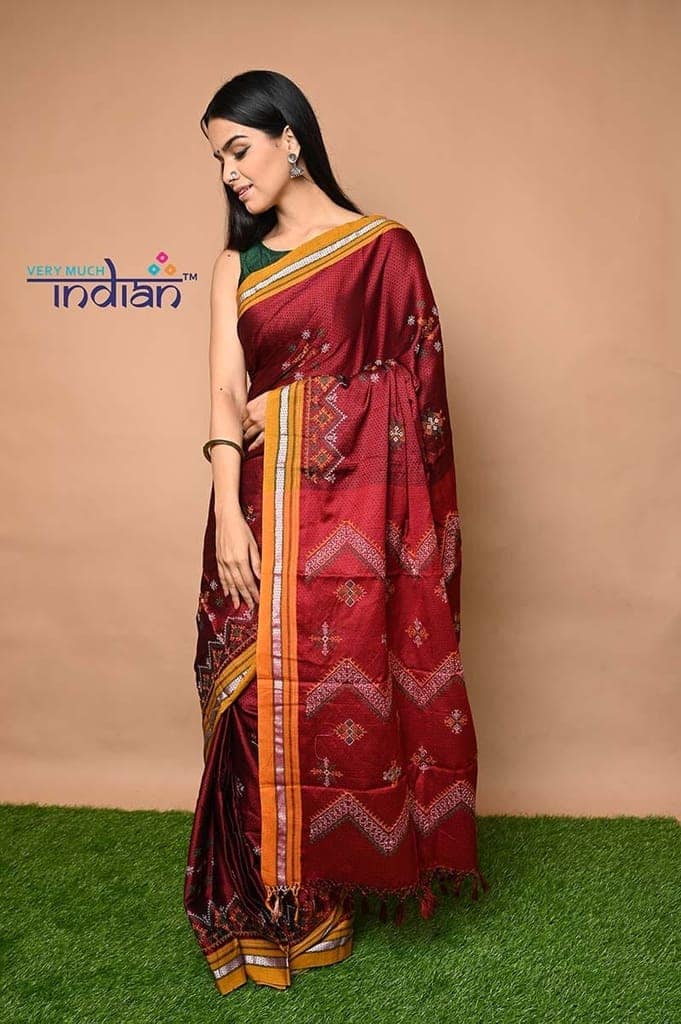 Traditional Khun - Cotton Resham Authentic Handwoven Saree (Deep Red Weave with Kashida work) view 2