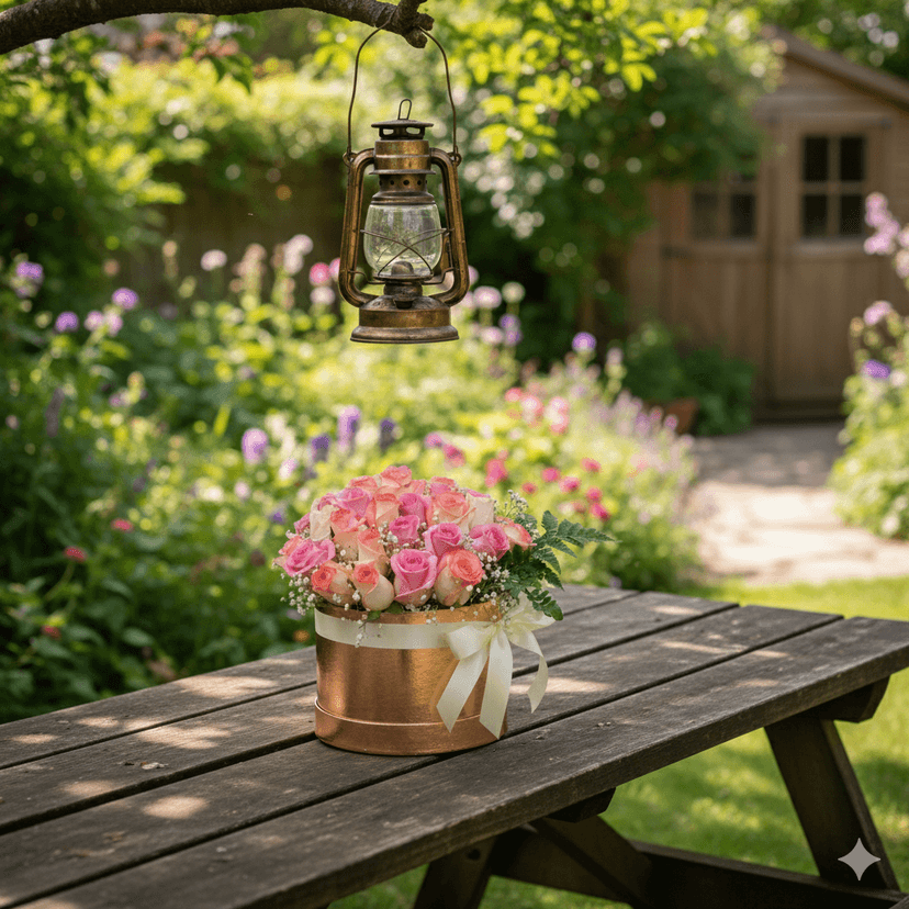 The Blooming Story Pink Jumelia Rose and Gypso Metallic Bouquet Box Arrangement view 2