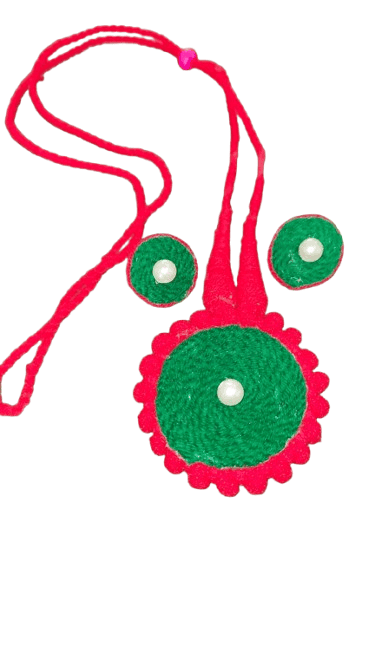 Assamese Handmade Woolen Thread Necklace and Earrings Jewelry Set (Red & Green) view 2