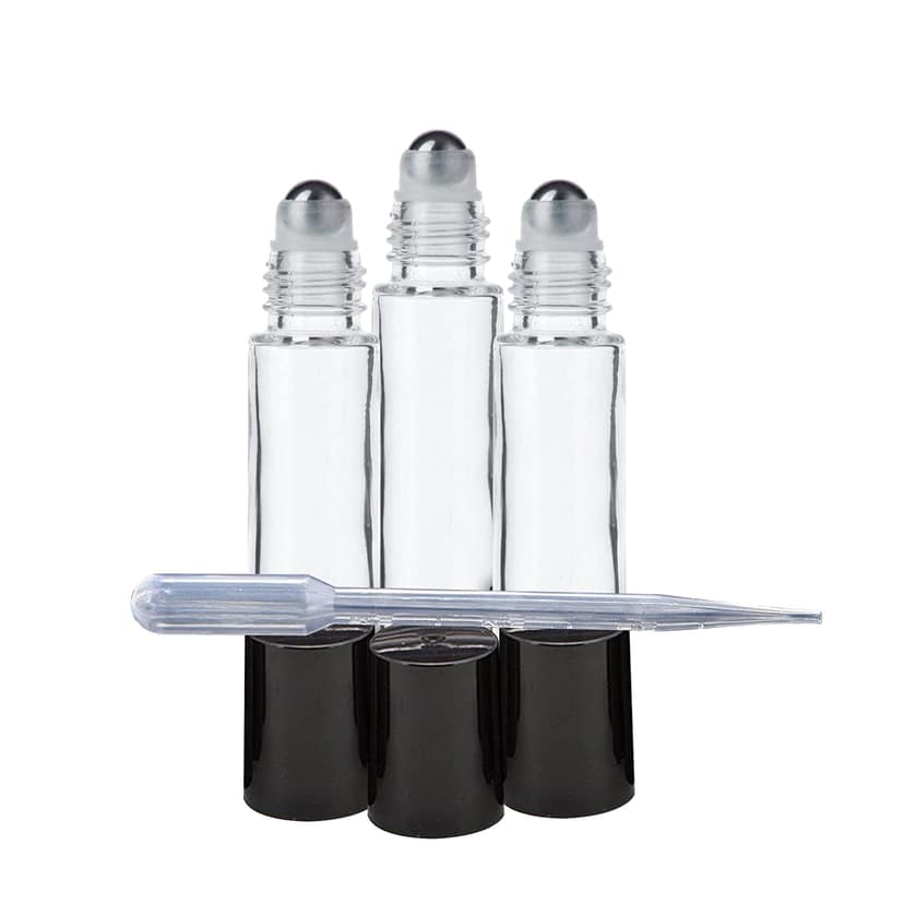 nsb herbals Empty Clear/Transparent Glass Roll On Bottles (10 ml) with Black Cap for Essential Oils, Perfumes, Lip Balms, Aromatherapy | Refillable Reusable (Pack of 96) nsb herbals Empty Clear/Transparent Glass Roll On Bottles (10 ml) with Black Cap for
