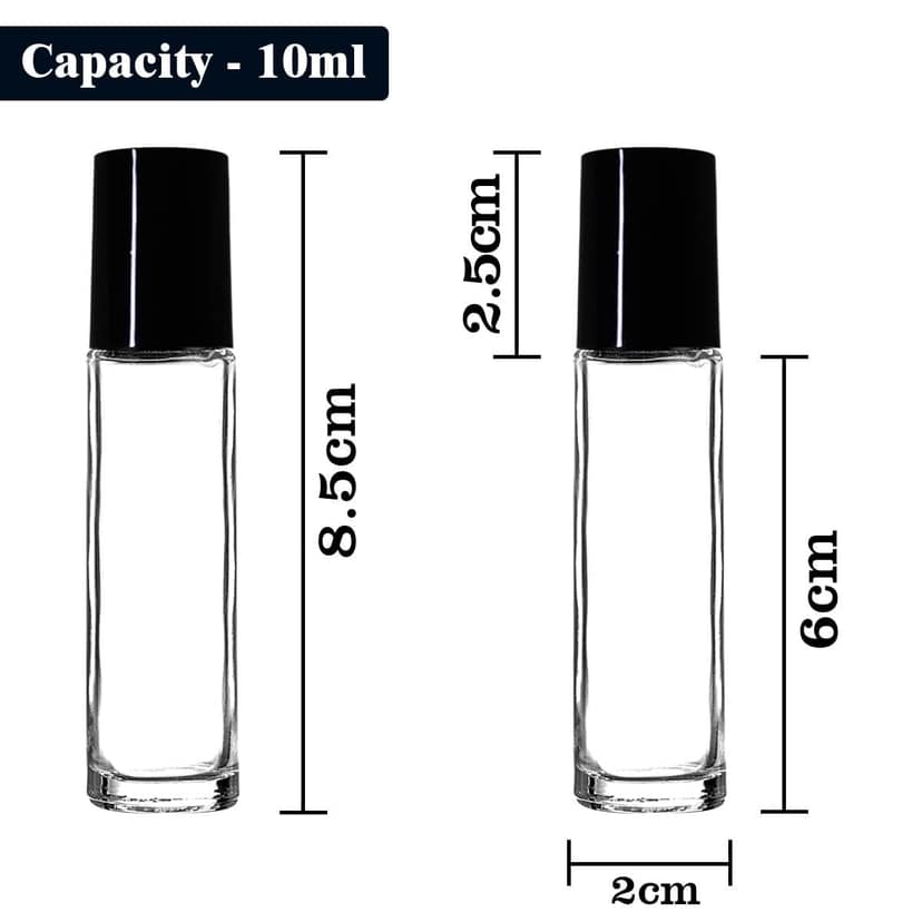 nsb herbals Empty Clear/Transparent Glass Roll On Bottles (10 ml) with Black Cap for Essential Oils, Perfumes, Lip Balms, Aromatherapy | Refillable Reusable (Pack of 96) nsb herbals Empty Clear/Transparent Glass Roll On Bottles (10 ml) with Black Cap for view 2