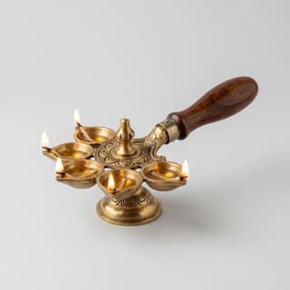 Brass Pancha Aarti Diya with Wooden Handle for Puja