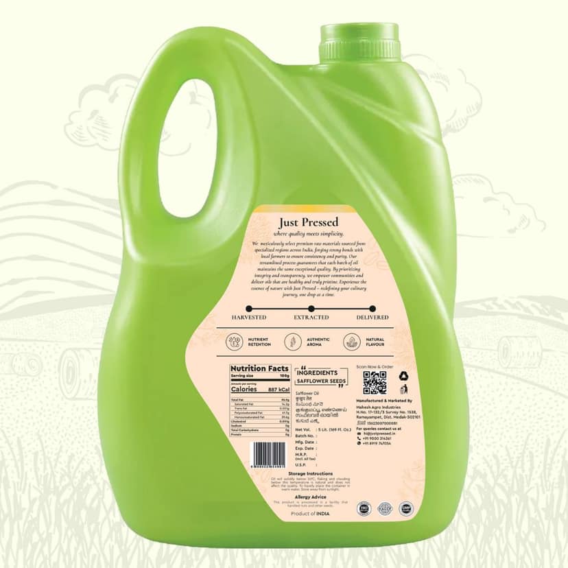 JustPressed Safflower Cold Pressed Oil | 100% Pure Safflower Kusum Saffola Oil | Unrefined & Zero Additives | Healthy Heart Oil | Saffola Hero Ingredient | Kachi Ghani Oil | Wood Cold Pressed Oil | Safflower Oil 5000 ML view 2