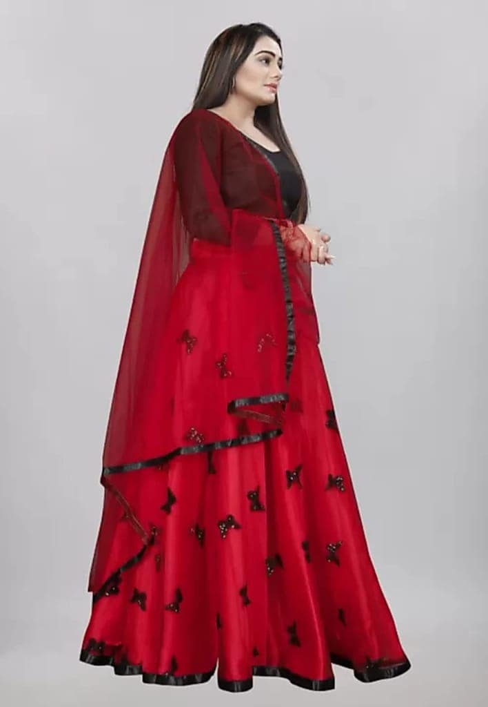 ATTIRIS Women's Net Semi-Stitched Lehenga Choli with Sleeve Material with Dupatta, 4 Meter Flared view 2