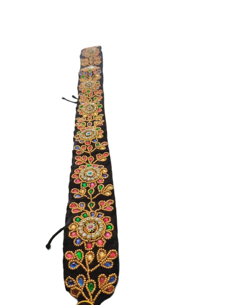 Black Velvet Embroidered Belt with Colorful Stones and Tassels view 2