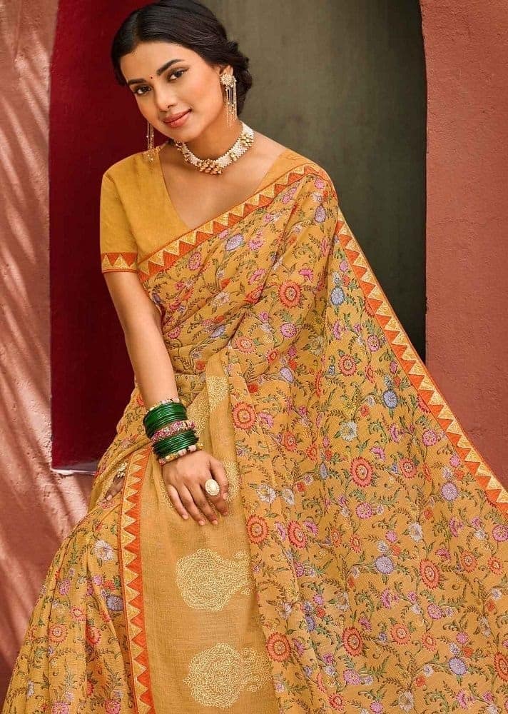Mustard Color Chiffon Printed Saree With Fancy Border And Fancy Blouse Piece view 2