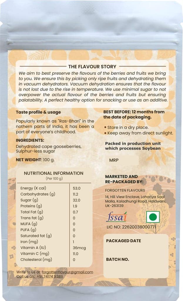 Forgotten Flavours Dehydrated Cape Gooseberry Candy | Rasbhari | Dried Fruit | Vaccum Dehydrated | No Artificial Preservatives or Color | No Added Sulphur view 2
