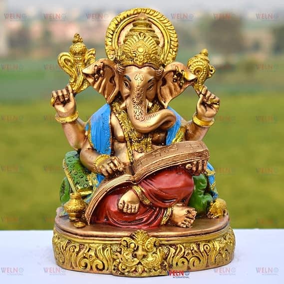 WELNO International Big Size Ganesha Reading Ramayana Statue Hindu God Ganesha Sitting Idol for Home Decor & Office (24 cm)