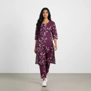 Mangalagiri Cotton Kurti and Pant Set in Mauve Purple, Screen Print
