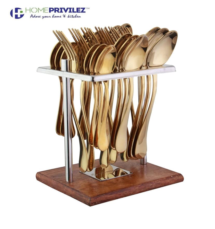 Aster Stainless Steel PVD gold cutlery set of 24 pcs in Stainless Steel stand with wooden base view 2