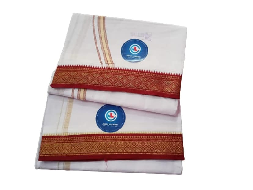 Jinka Lakshmi Collections Combo Handloom White Cotton Dhoti With Big Borders 4 Meters Unstitched Pack of 2 (Multicolor-6) view 2
