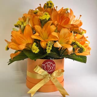 The Blooming Story Yellow Statice and Orange Lily Bouquet Box Arrangement