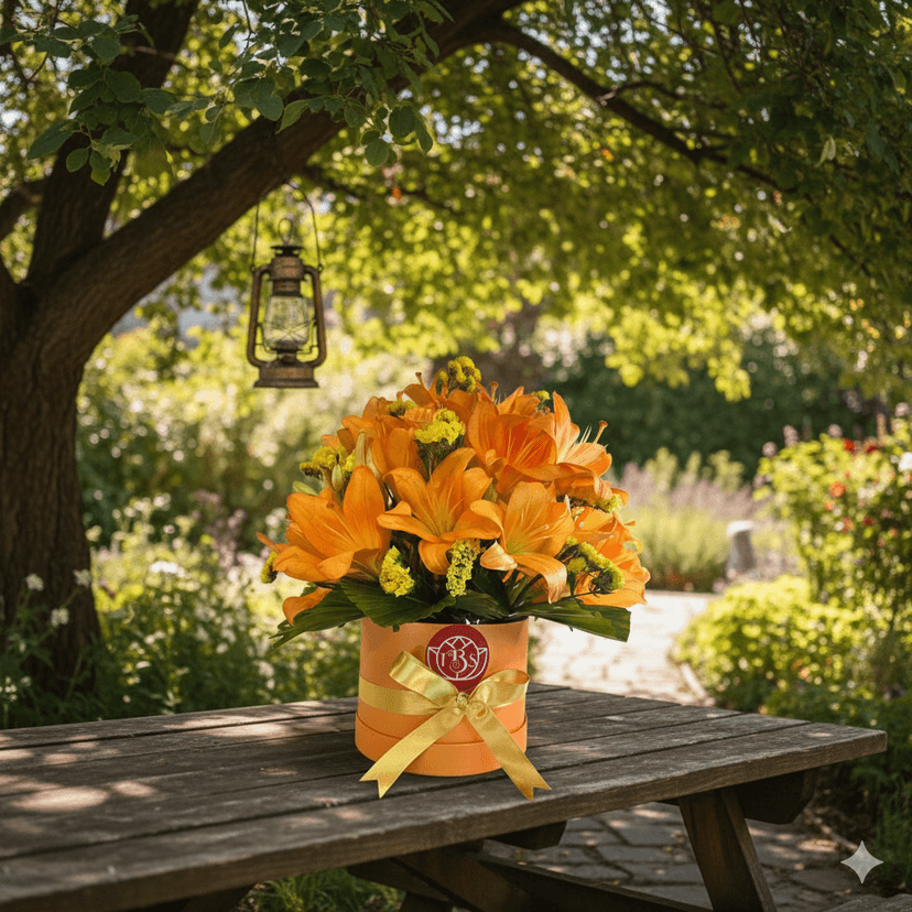 The Blooming Story Yellow Statice and Orange Lily Bouquet Box Arrangement view 2