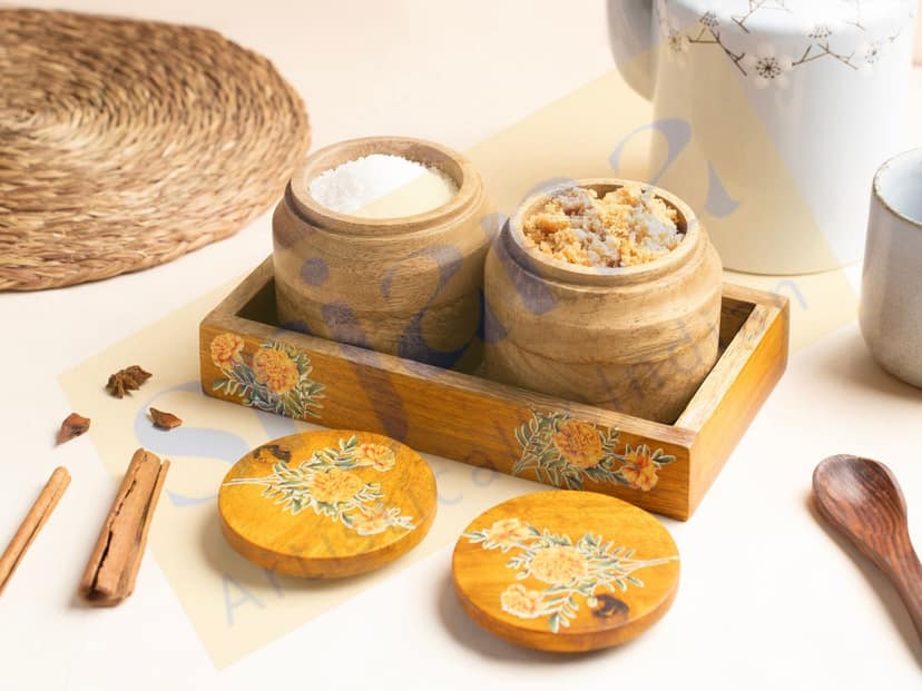Srjana Handcrafted Wooden Jar Pair with Tray