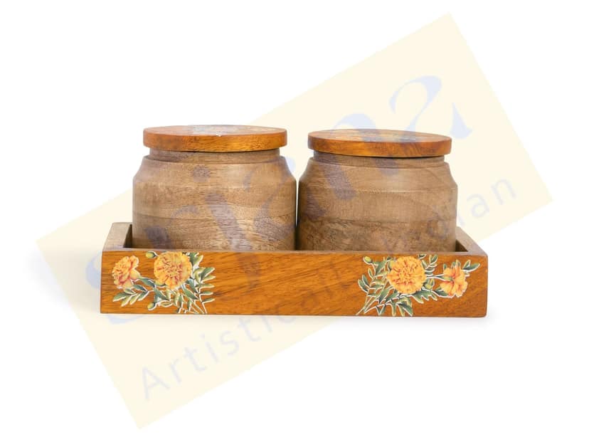 Srjana Handcrafted Wooden Jar Pair with Tray view 2