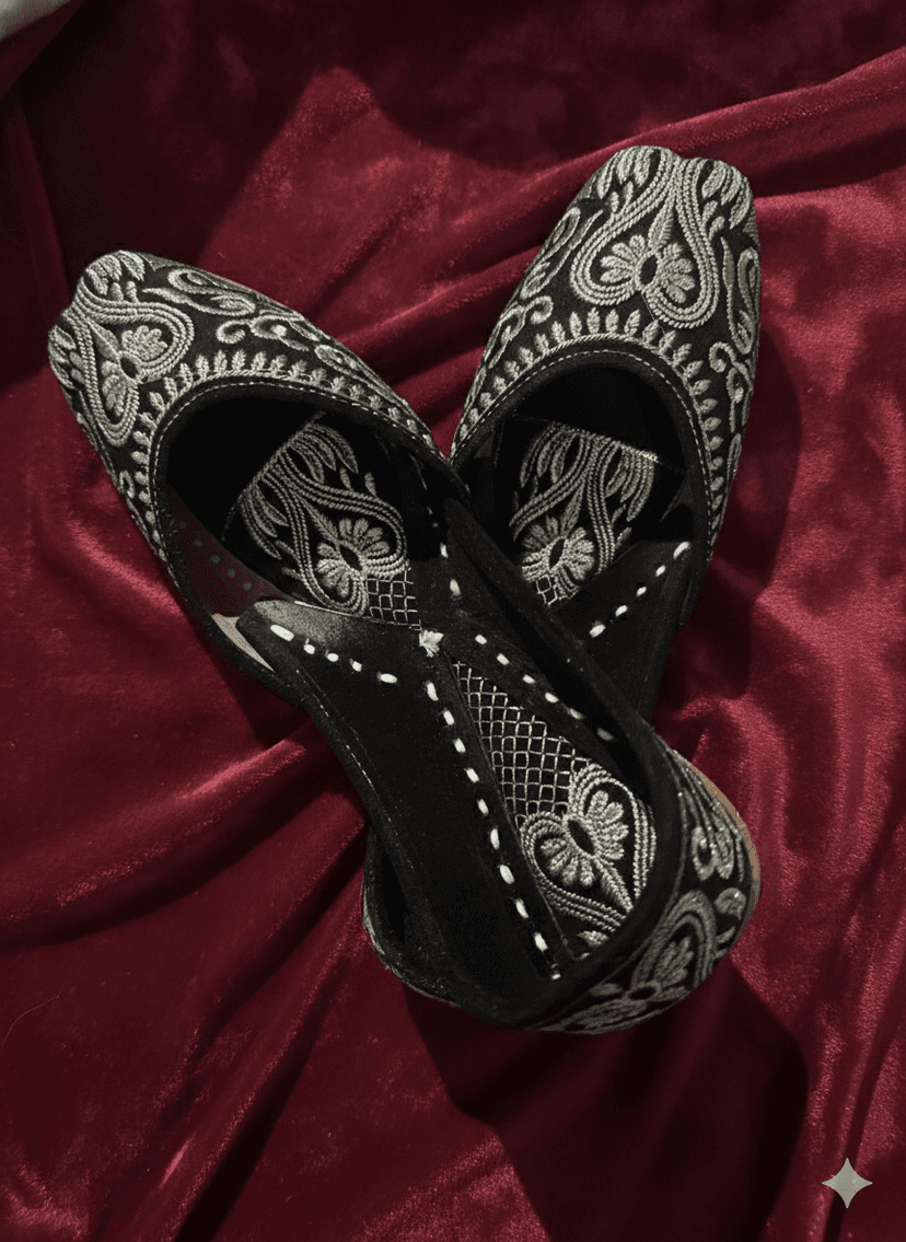 BBJ Handmade Black Velvet Punjabi Jutti for Women | Heavy Silver Thread & Zari Embroidery | Ethnic Footwear view 2