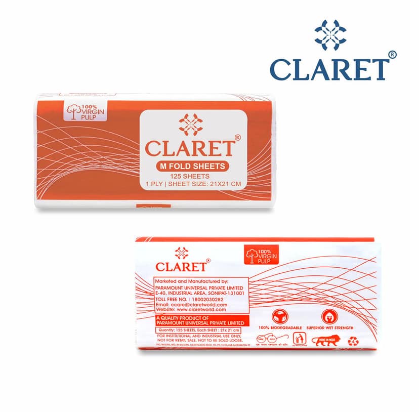 Claret Soft M-Fold Paper Towels, 21x21 cm, 125 Sheets per Pack, High Absorbency, Pack of 12, Ideal for Home, Office and Commercial Use view 2