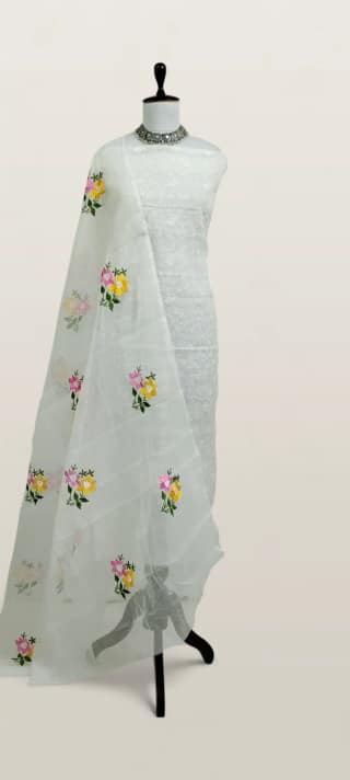 Kota Doria Dress Material White Floral Jaal