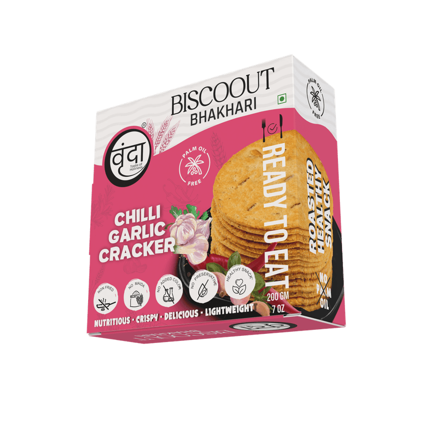 Vrunda Palm Oil Free Roasted Bhakhari |Methi, Masala, Hot Chilli & Chilli Garlic |Snacks |Pack of 4 (200Gm each) view 2