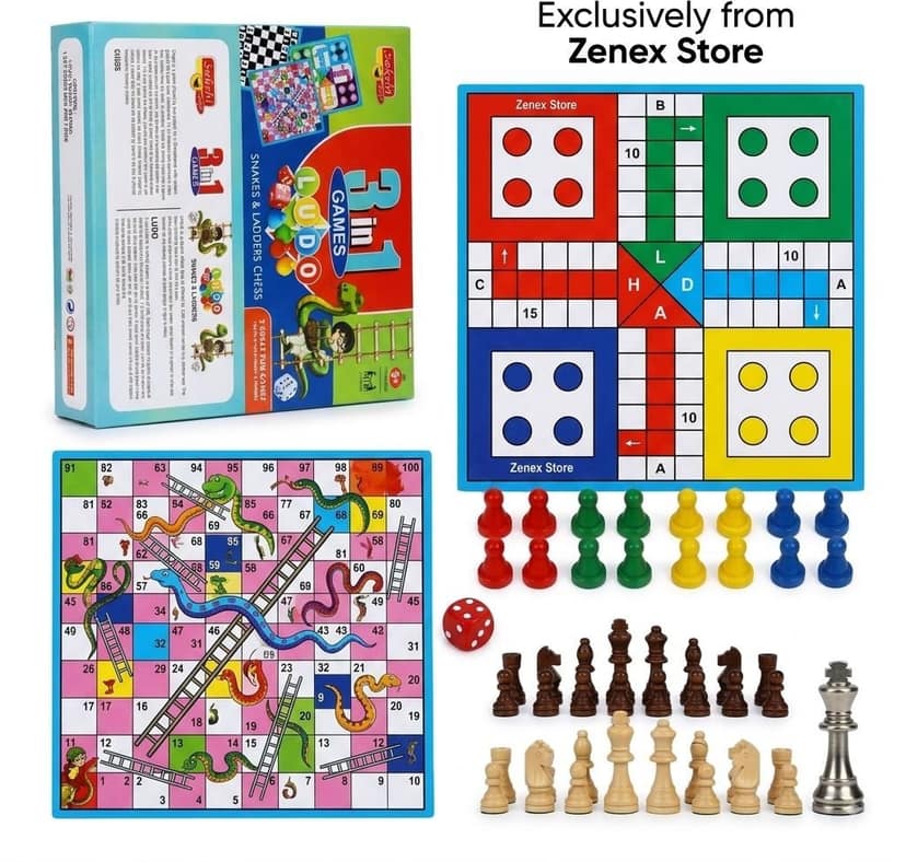 Zenex Store 3 in 1 Family Board Game Chess, Ludo & Snakes and Ladders Board Game Accessories - Black & White view 2