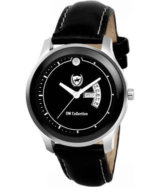 Om Collection Black Day &Date Leather Analog Men's Watch