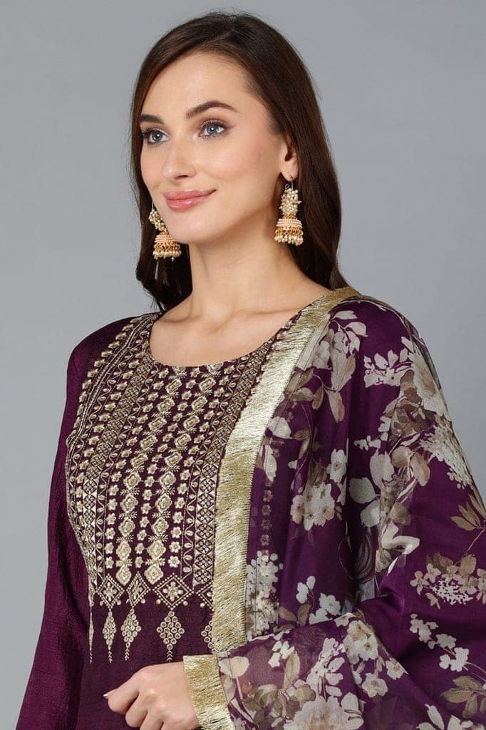 Purple Silk Blend Yoke Design Kurta Pant With Dupatta PKSKD1870 view 2
