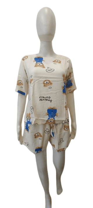 Women’s Cute Teddy Print Nightwear Set – Half Sleeve Top & Shorts Pajama Set (Cream)