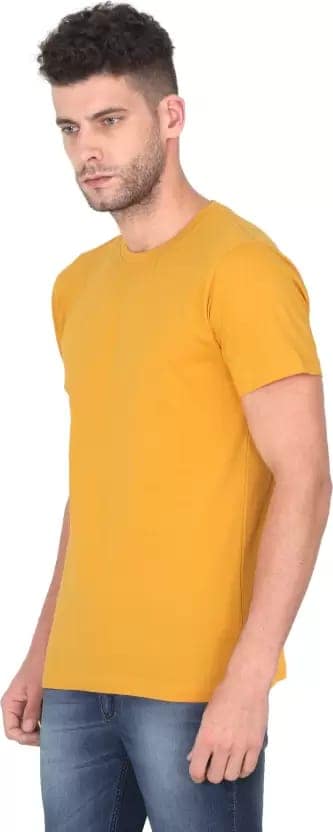 Men Solid Round Neck Pure Cotton Yellow T-Shirt view 2
