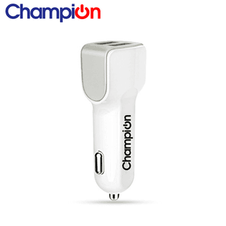 Champion Dual Port USB Fast Car Charger 3A For All Android And Apple Phone (White)