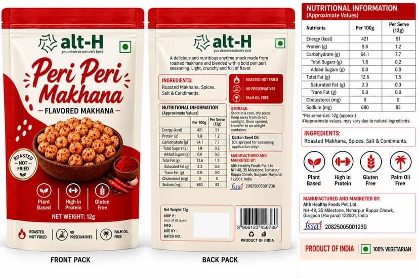 alt-H Roasted Peri Peri Makhana Pack of 2 (12g each) - Healthy Protein Snack view 2