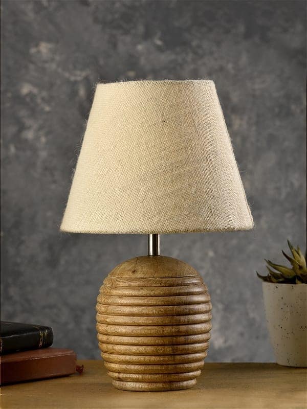 Striped Wooden Brown Lamp With White Jute Shade view 2