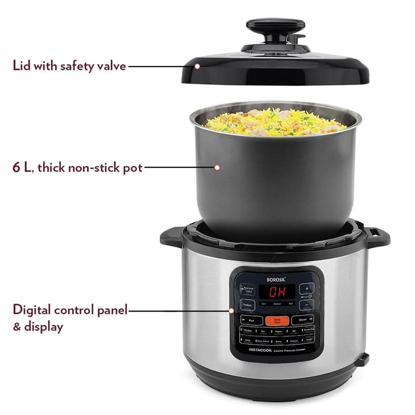 Borosil Instacook 6 L Electric Stainless Steel Pressure Cooker | 12 Digitized Indian Cooking Programs | 15 Hour Delay Timer | One Touch Instat Cooking | Idli Maker, Rice Cooker | 2 Year Warranty view 2