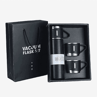 Gray Vacuum Bottle with 3 Cups Set - Travel Gift