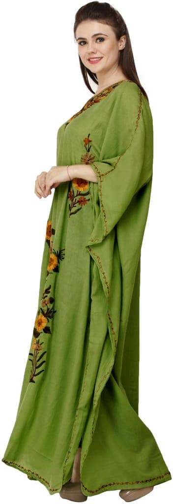 Cedar-Green Crushed Kashmiri Kaftan with Aari Embroidered Multicolored Flowers view 2