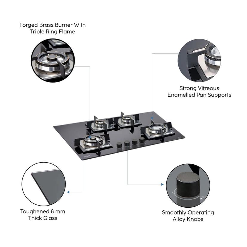 4 Burner Built-in Glass Hob Triple Ring Burner Forged Brass Double Ring Burner Auto Ignition (1074 SQ DB TR) view 2