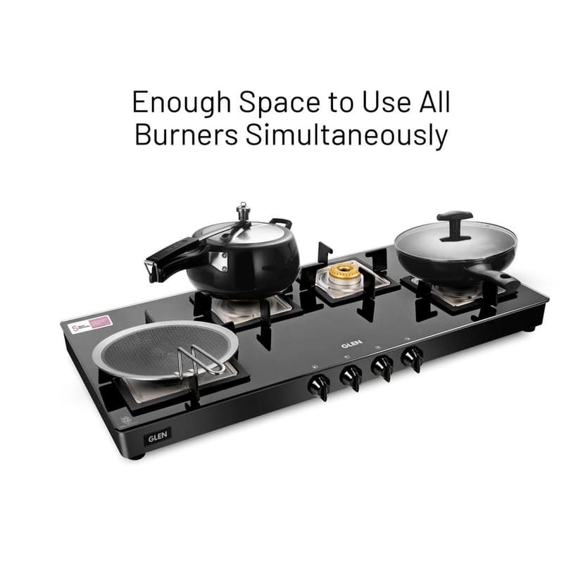 4 Burner Glass Gas Stove Extra Wide 1 High Flame 3 Forged Brass Burner (CT1049SQGTFB) view 2