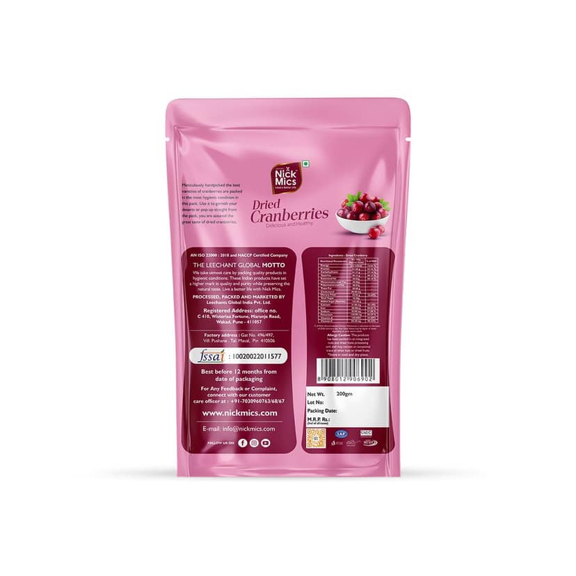 Nickmics Dried Cranberries 200gm | quality cranberries High Antioxidants | Dietary Fiber & No Gluten | Antioxidant Rich | Immunity Booster | Healthy Snack for kids and adult | view 2