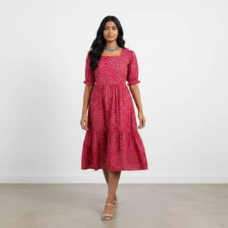 Magenta Pink Screen-Printed Bandhani Cotton Kurti from Mangalagiri