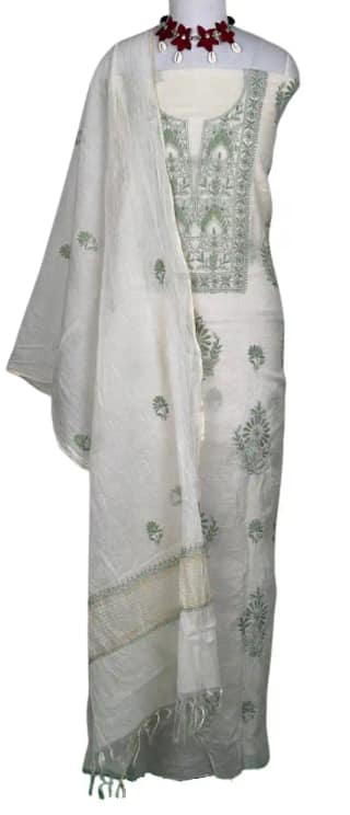 Chikankari Mul Chanderi Dress Material White Green Floral