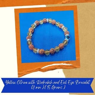 VSP VASTU SAMADHAN - 190 YELLOW CITRINE WITH RUDRAKSH AND EVIL EYE BRACELETR FOR GOOD LUCK, PROSPERITY ( 8 MM )