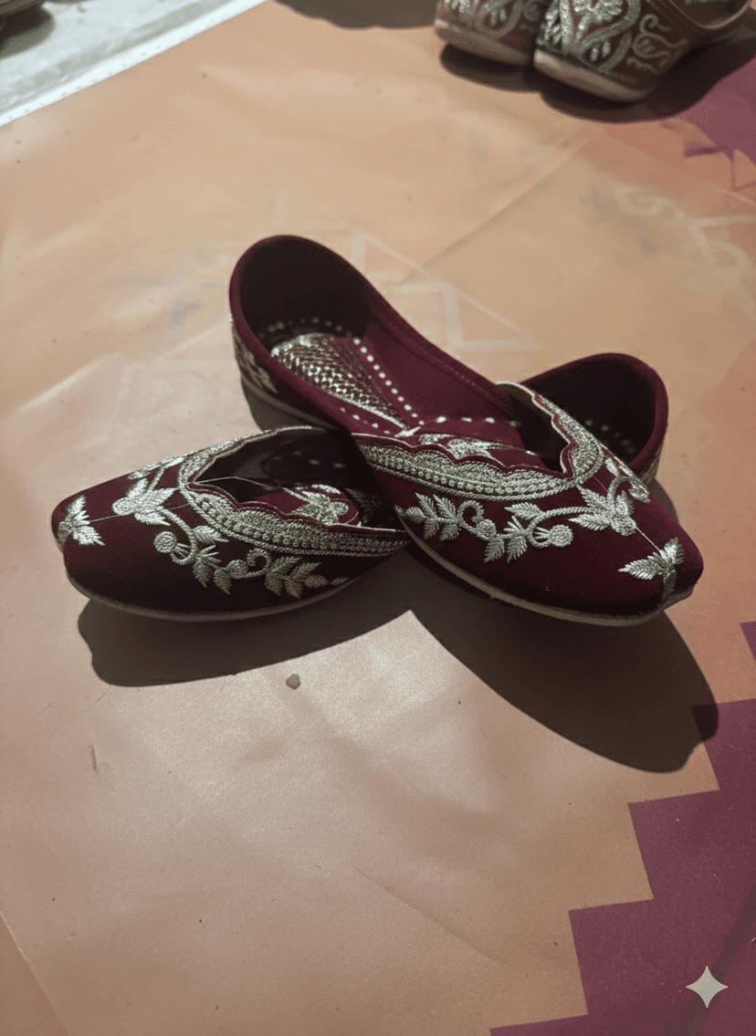 BBJ Handmade Maroon Velvet Punjabi Jutti for Women | Floral Zari Embroidery | Wedding & Festive Ethnic Footwear view 2