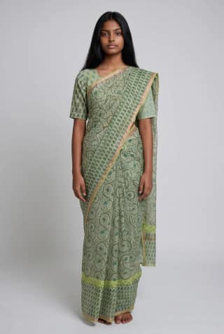 Kota Doria Handloom Saree in Sage Green with Peach Yellow Border