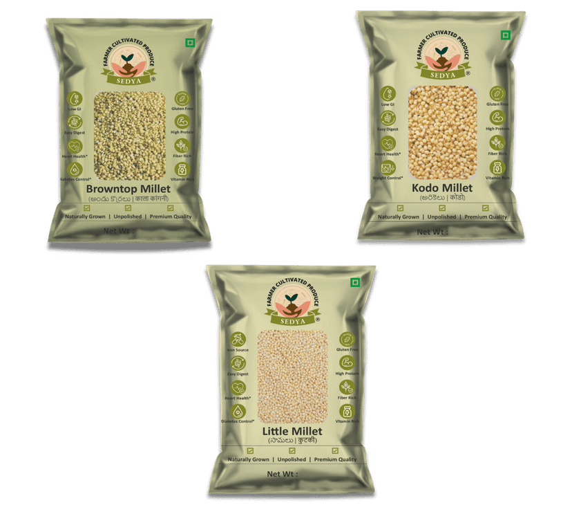 Sedya Three Millet Combo Whole Grains | Browntop, Kodo & Little Millet | Certified Low GI | Korale / Varagu / Samai | Gluten Free | Unpolished, Toasted, No Soaking Required | High Plant Protein & Fibre | Total 1.5 Kg (500 g Each Pack)