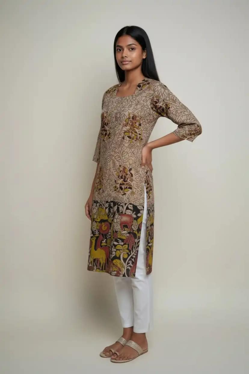 Pedana Kalamkari Screen-Print Cotton Kurti in Warm Beige view 2