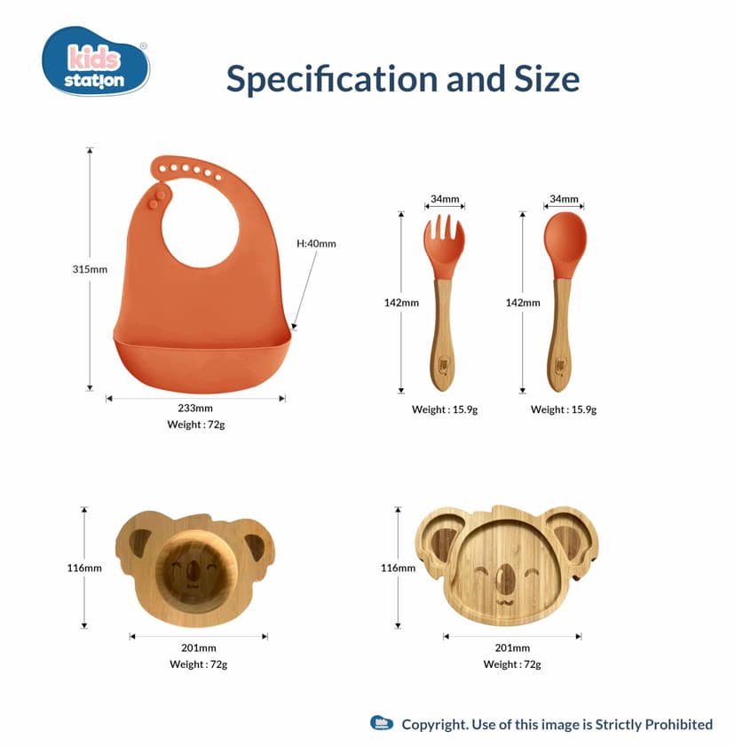 Kids Station Koala Design 5-Piece Silicone Feeding Set for Babies | BPA-Free, Includes Suction Plate, Bowl, Spoon, Fork & Bib | Ideal for Infants & Toddlers (Set of 5 Koala Feeding Set, Orange) Kids Station Koala Design 5-Piece Silicone Feeding Set for B view 2