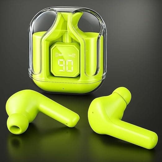 Bluetooth Earbuds with Digital Battery Display, Transparent Charging Case, Deep Bass, 4H Backup, Wireless Headphones for Android & iOS Smartphones (Green) view 2