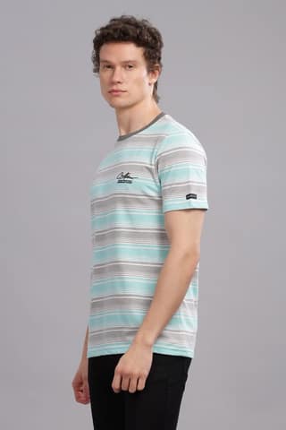 Men Striped Round Neck Polyester Blue T-Shirt